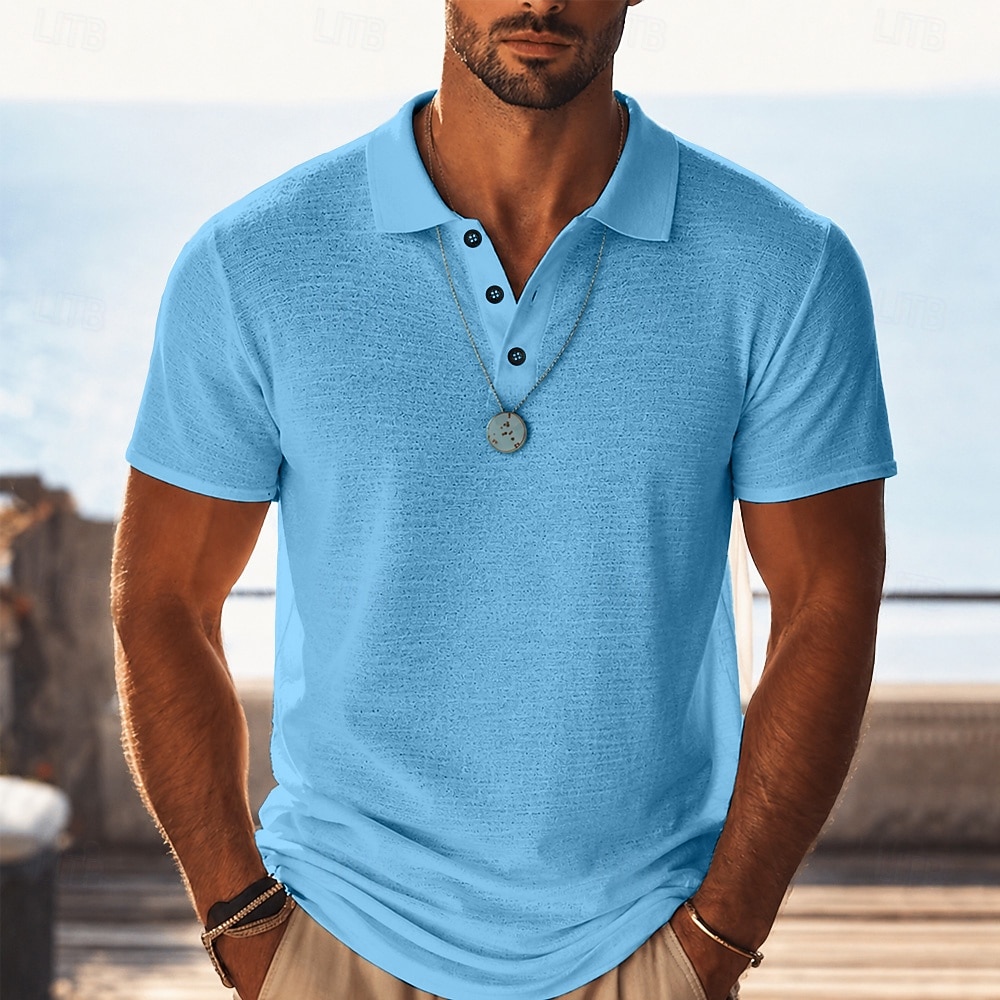 Men's Linen Shirt Polo Shirts Casual Vacation Classic Short Sleeve Vacation Fashion Plain Textured Lightweight Buttons Summer Spring Blue Black Pink Green Light Blue Linen Shirt 2026 - $24.99 –P3