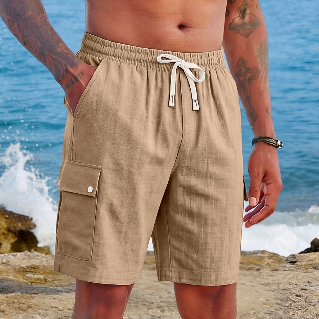 Men's Shorts Linen Shorts Summer Shorts Beach Shorts Drawstring Elastic Waist Multi Pocket Plain Comfort Soft Knee Length Daily Outdoor Beach Vacation Fashion Khaki Black Inelastic 2026 - $25.99 –P1