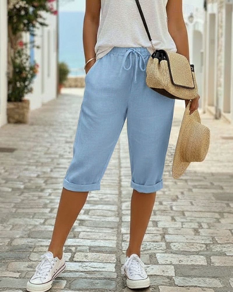 Women's Cotton Linen Shorts Capri Pants Chinos Summer Shorts Vacation Streetwear Casual Knee Length Medium Waist Plain Drawstring Pocket Comfortable Breathable Inelastic Daily Outdoor Street 2026 - $19.99 –P5