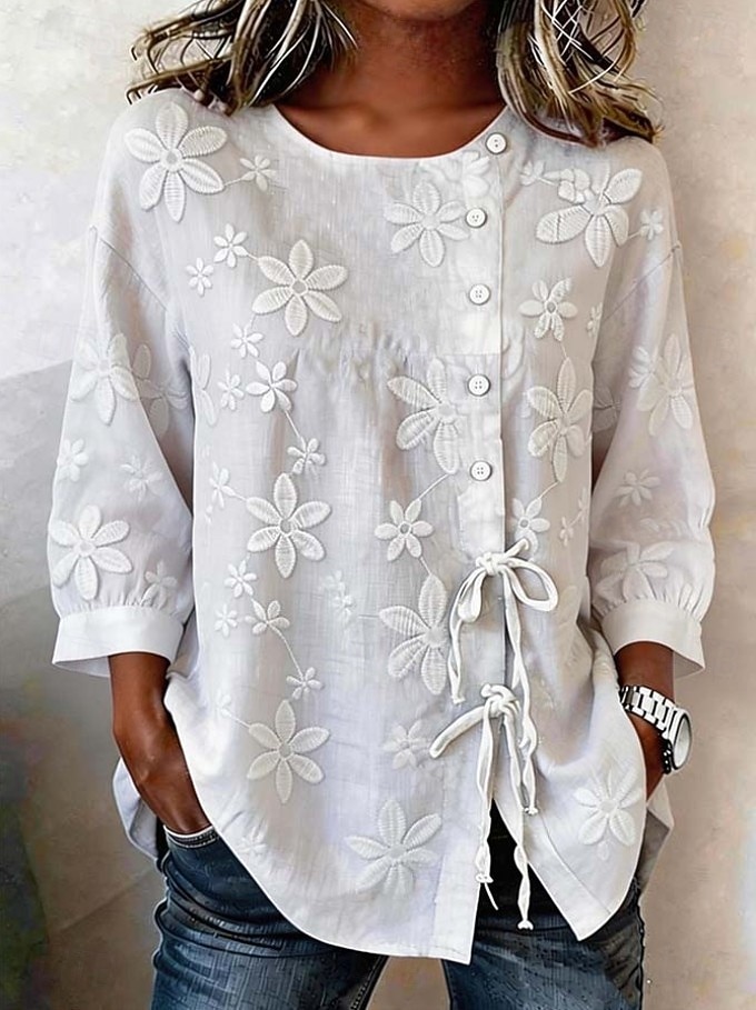 New Year Women's Blouse Lace Solid Color Floral Graphic Vintage Daily Stylish Short Sleeve Crew Neck Long Tops Casual Daily White Summer Spring 2026 - $26.99 –P4