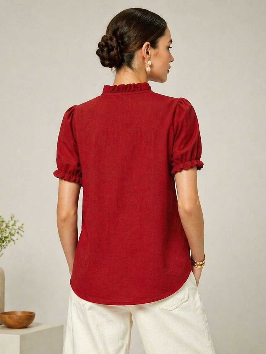 Per donna Camicia Blusa Arricciato Ricamato Stampato Floreale Vintage Elegante Manica Corta Manica a Balze Collo alla coreana Top Regolari Casuale Spiaggia Verde militare Rosso Blu marino Estate del 2026 a $32.99 –P3