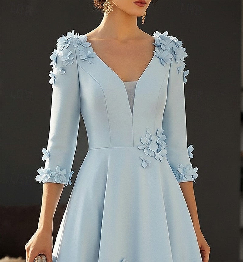 Linea ad A Lunghezza alla caviglia Lunghezza Tè Abito Formale Abiti da Cocktail Elegante Manica 3/4 Scollo a V Matrimonio Formale Raso con Fiori 3D del 2026 a $182.99 –P2