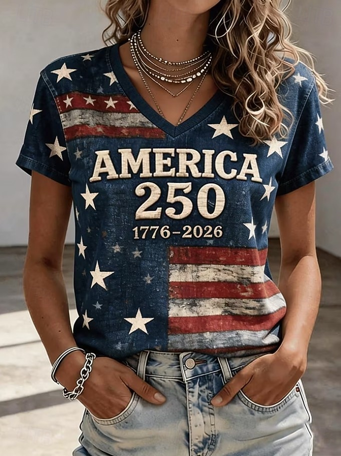 Amerikanischer Unabhängigkeitstag Damen T Shirt Druck Grafik Buchstabe Amerikanische Flagge Vintage Stilvoll Klassisch Kurzarm V Ausschnitt Normale Oberteile Lässig Täglich Schwarz Marineblau 2026 - $8.49 –P4