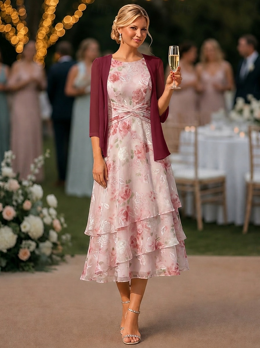 Tweedelig A-lijn Tot de enkel Bruiloft gast jurk Ruimvallend Moeder van de bruid jurk 3/4 mouw Ronde hals Elegant Eenvoudig Casual Formeel Bruiloft gast Feestdagen Chiffon Wrap inbegrepen met 2026 - $159.99 –P3