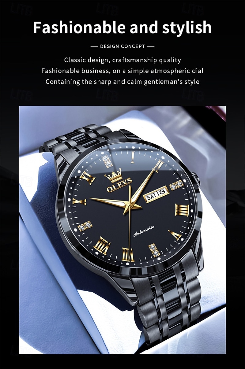 OLEVS Men's Automatic Mechanical Watch, Luxury Stainless Steel Business Dress Watch for Men, Self Winding Wristwatch with Day Date, Waterproof Luminous Diamond Roman Numerals Black Dial Gift Box 2026 - $81.99 –P6