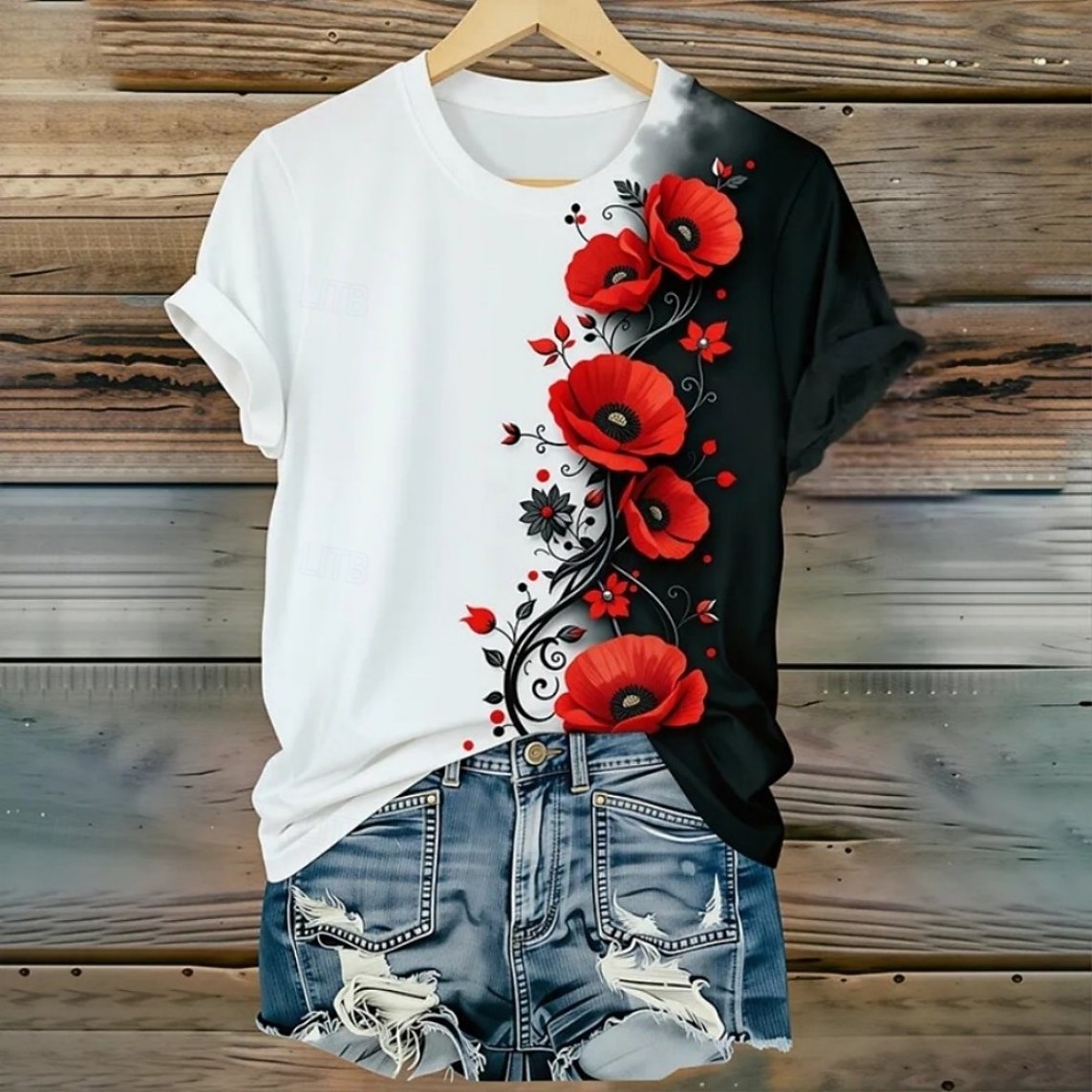 día de la independencia americana Mujer Camiseta Estampado Floral Graphic Bandera Vintage Moda Elegante Manga Corta Cuello Barco Escote Redondo Tops regulares Casual Diario Fin de semana Negro y 2026 - $21.99 –P1