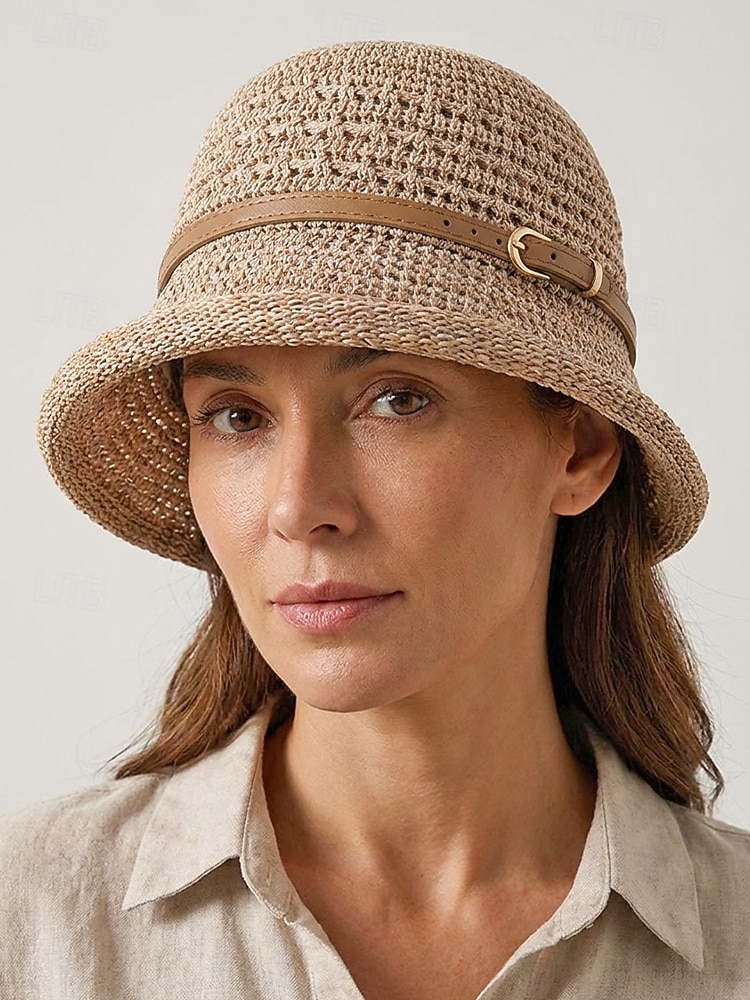 Chapéu bucket feminino em poliéster trançado com cinto de couro, chapéu de sol leve para o verão, ideal para férias, praia, uso casual ao ar livre e dia a dia. de 2026 por $14.99 –P3