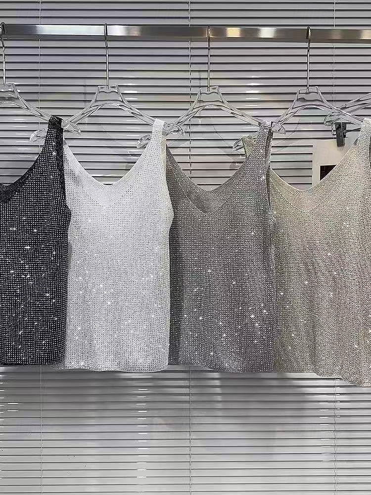 Valentine's Day Women's Camisole Tank Top Knit Rhinestone Fashion Sleeveless Crew Neck Square Neck Scoop Neck Regular Tops Holiday Black White khaki Grey Summer Spring 2026 - $21.99 –P1