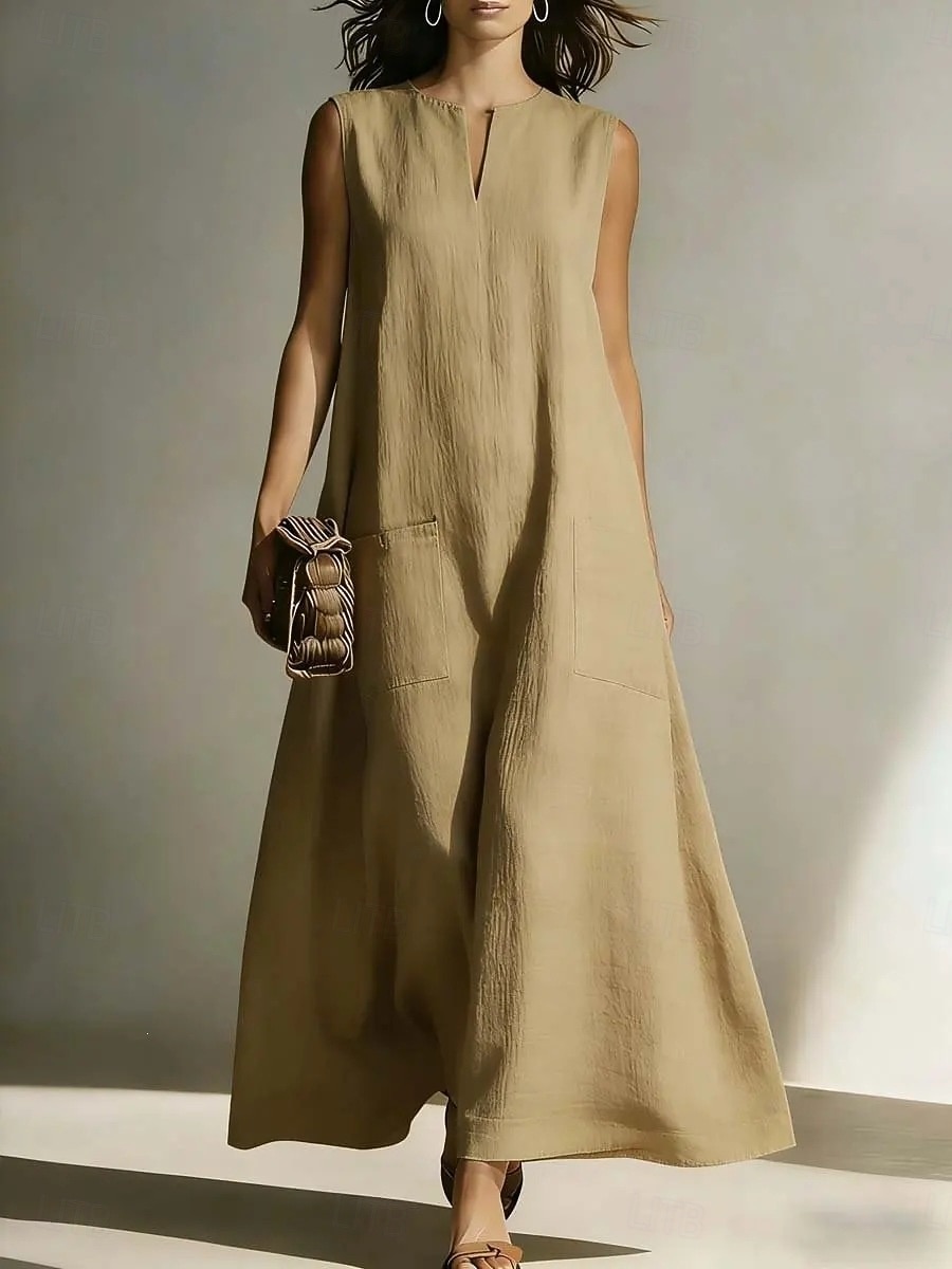 Women's  Vintage Boho Faux Cotton LinenBeach Loose Fit Plain Sleeveless Split Neck Maxi Dress Summer Spring 2026 - $25.99 –P6