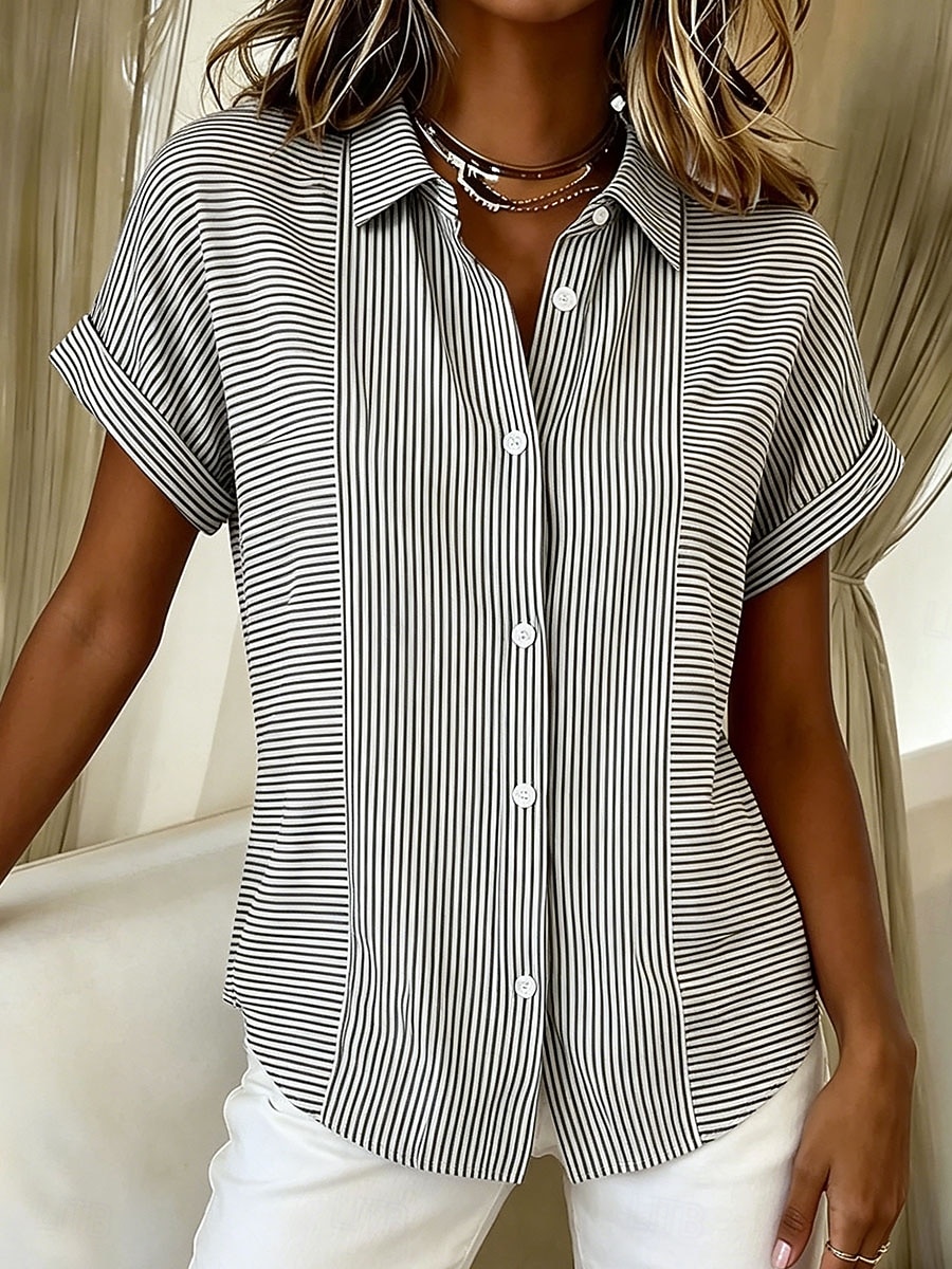 Dames Overhemd Knop Afdrukken Grafisch Gestreept Vintage Dagelijks Stijlvol Korte mouw Overhemdkraag Normale tops Casual Dagelijks blauw Zwart Rood Groen Zomer Lente 2026 - $29.99 –P3