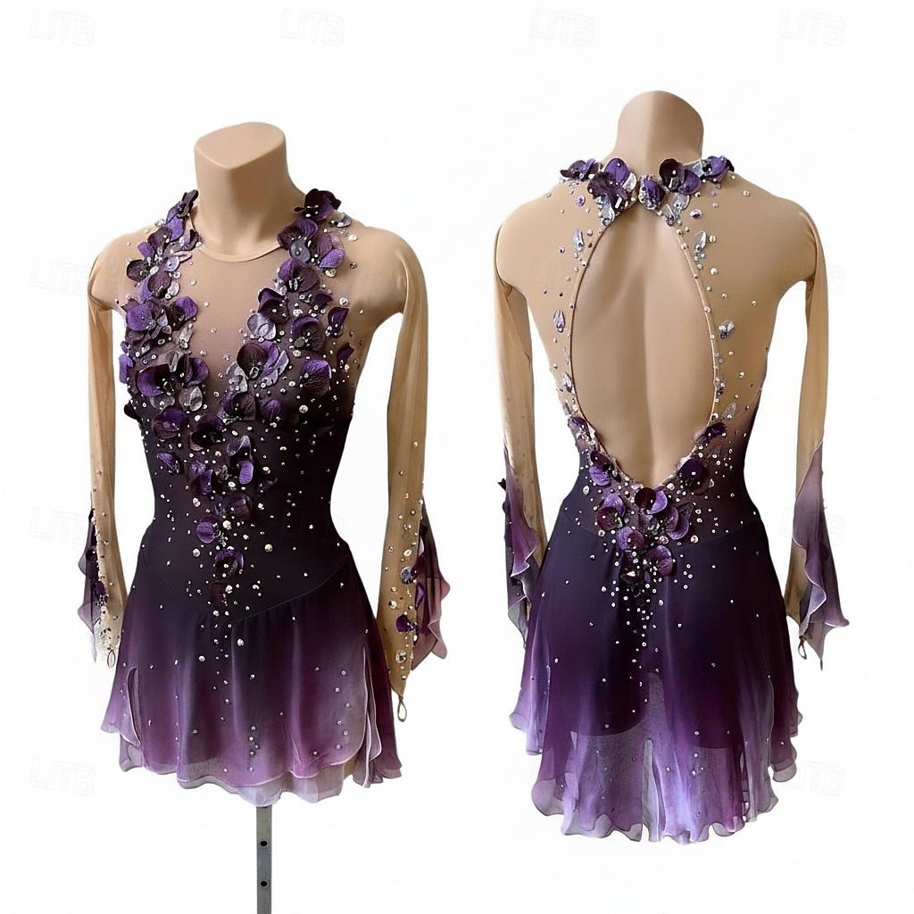 Figure Skating Dress Women's Ice Skating Dress Purple Patchwork Open Back Stretchy Training Competition Skating Wear Classic Crystal / Rhinestone Long Sleeve Ice Skating Figure Skating 2026 - $333.69 –P1