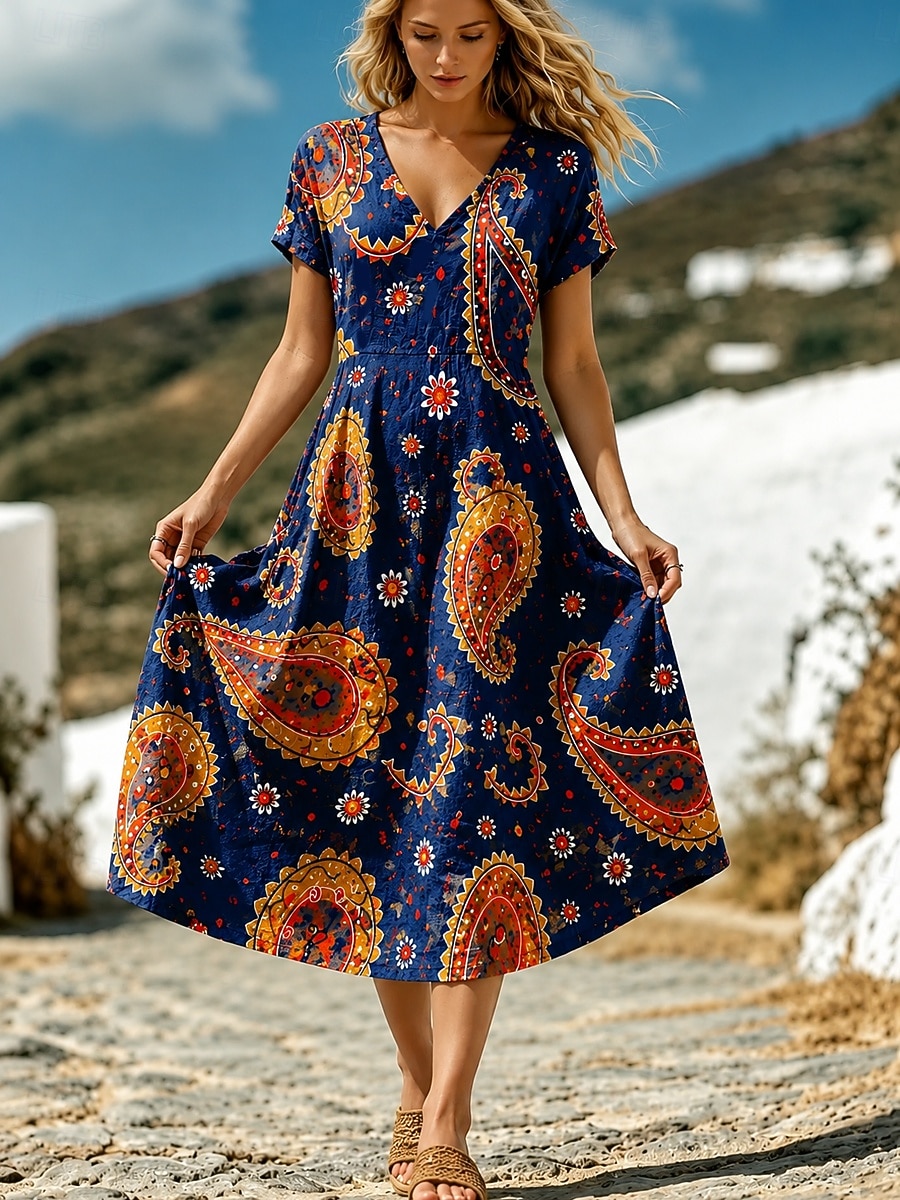 Women's Midi Dress Casual Dress Vacation Holiday Regular Fit Graphic Paisley Short Sleeve V Neck Blue Pink Summer Spring 2026 - $44.99 –P1