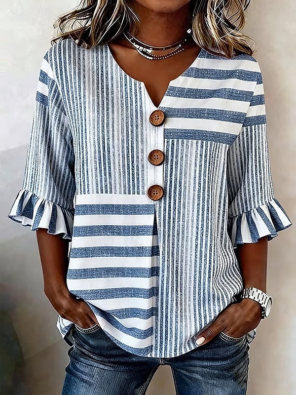 Per donna Camicia Camicia Boho Camicia casual Grafico A righe Elegante Bohemien Attivo Manica 3/4 Scollo a V Top lunghi Casuale Bianco e blu nero+bianco+verde Blu scuro Azzurro Estate Primavera del 2026 a $26.99 –P1