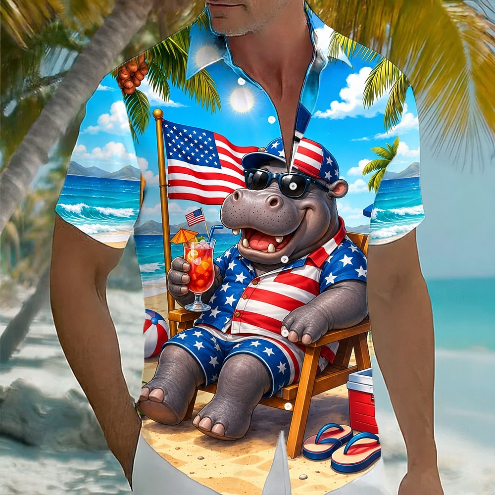 Amerikansk Uavhengighetsdag Men’s Ørn Amerikansk Flag Skjorte Sommer Skjorte Knapp Opp Skjorte Kortermet Patriotisk Utendørs Festival Sommer Vår Nedbrett 3D Print Krageklær Blå Lys Blå 2026 - $25.99 –P2