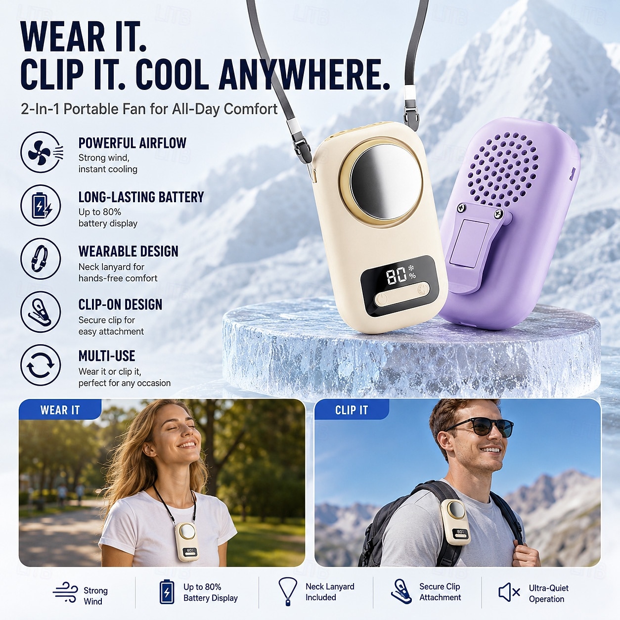Portable Neck Fan with Ice Cooling Plate, USB Rechargeable Handheld Waist Clip Fan, Quiet Personal Fan with Large LED Display & 5 Speed Settings, Wearable Cooling Fan for Office Travel Camping Outdoor 2026 - $34.99 –P1