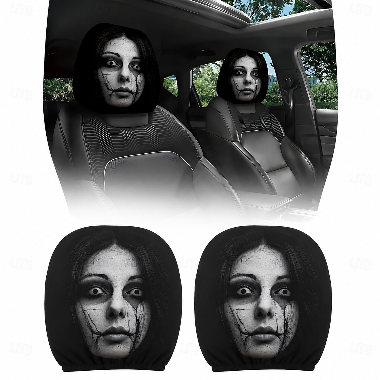 Conjunto de 2/4 capas engraçadas e assustadoras para encosto de cabeça de carro, com design de rosto horripilante. Ideal para pegadinhas nos bancos dianteiros, Halloween ou como presente de brincadeira. Capa de assento automotiva durável e elástica. de 2026 por $9.99 –P6