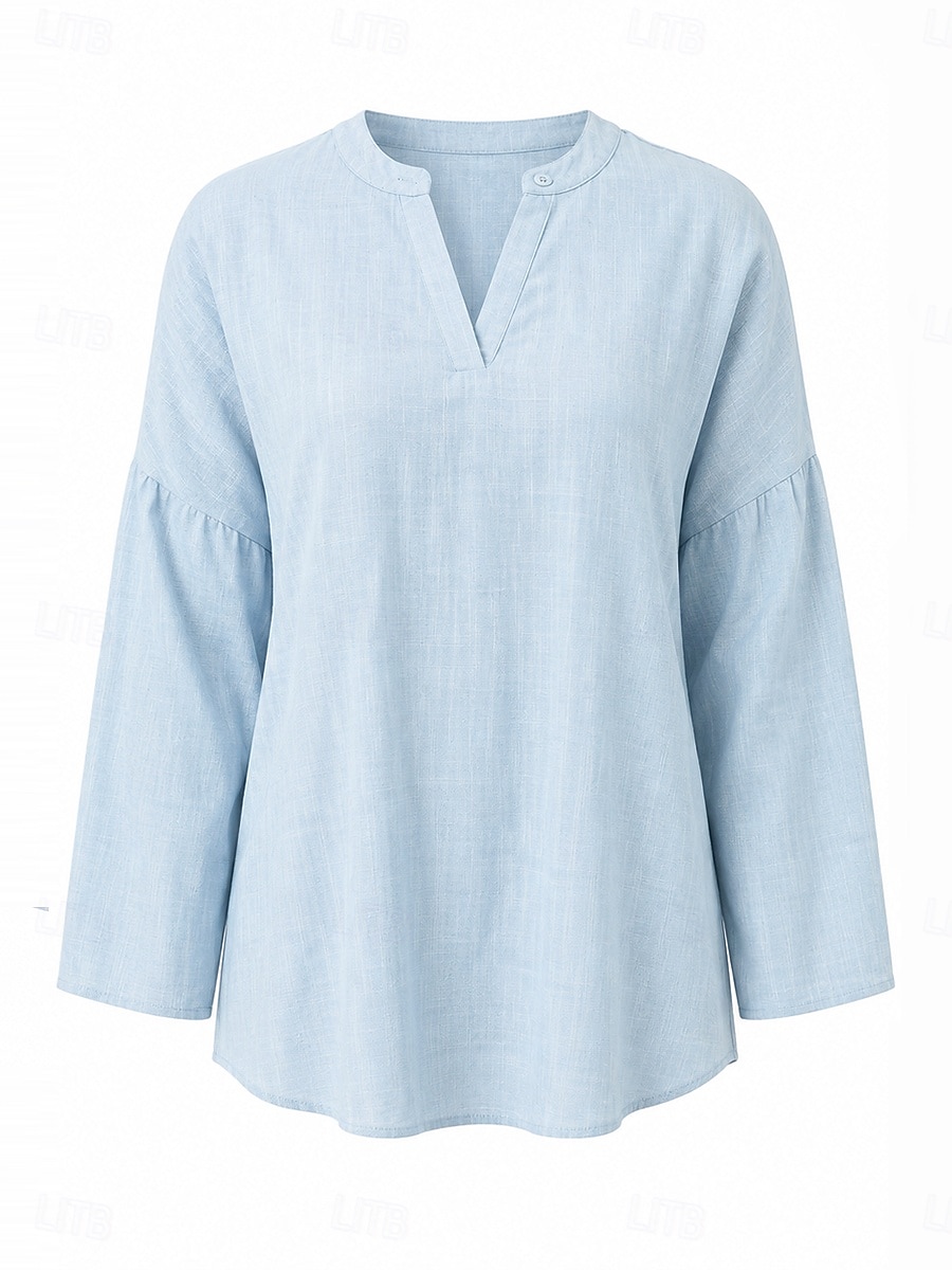 Women's Shirt Cotton Linen Shirts Cotton Blend Blouse Solid Color Plain Basic Long Sleeve Notched Neck Regular Tops Casual Daily White Sky Blue Spring Fall 2026 - $24.99 –P3