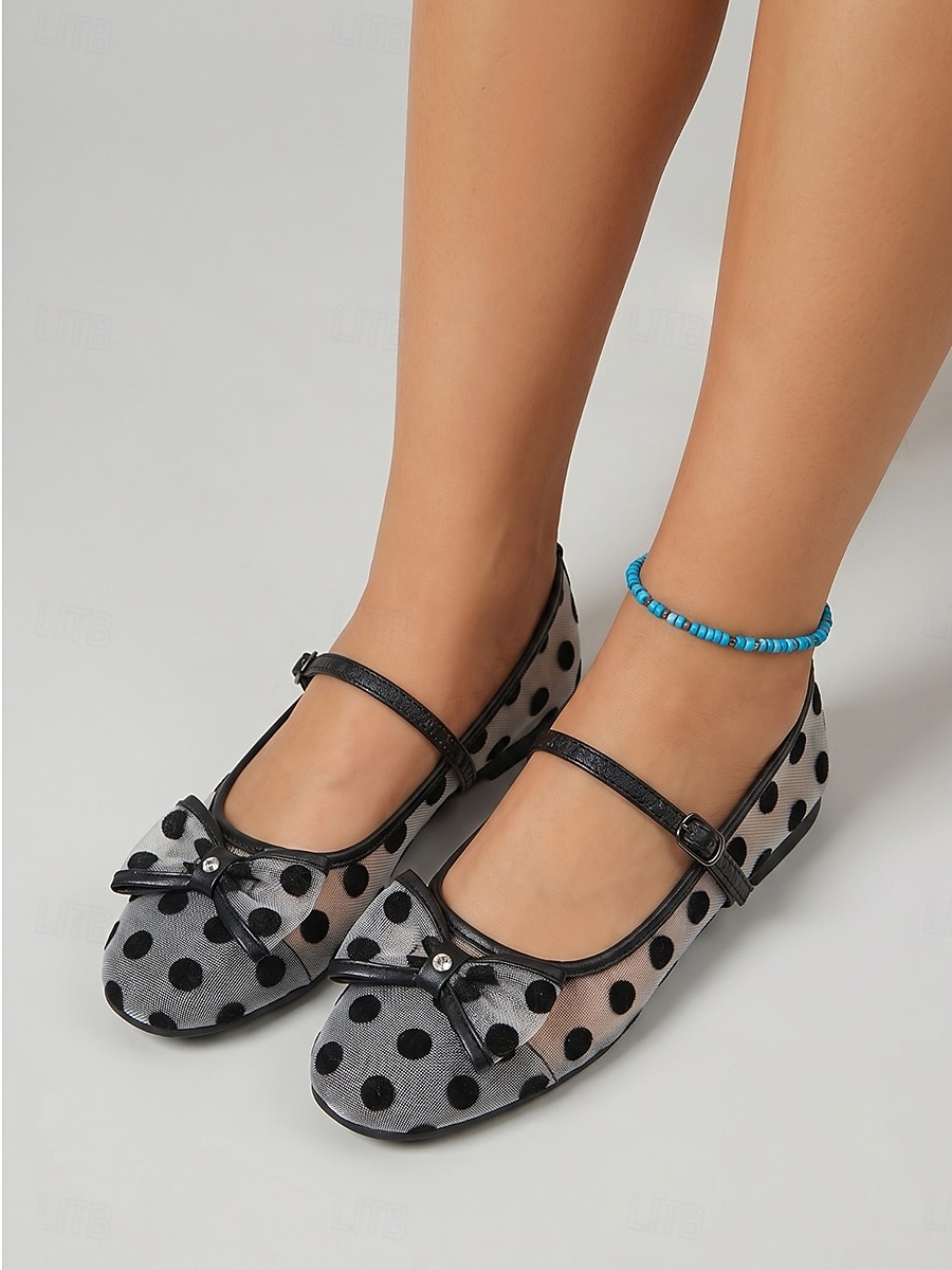 Scarpe basse da donna in rete a pois - ballerine Mary Jane traspiranti con dettaglio a fiocco &Cinturino alla caviglia per vacanze su isole, viaggi in crociera nel Mediterraneo &visite turistiche del 2026 a $34.99 –P2
