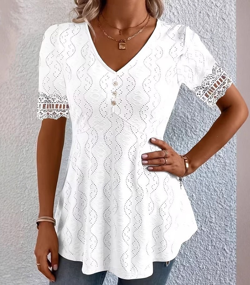 Per donna Blusa con texture Elegant Elegante Bohemien Vintage Manica Corta Scollo a V Top corti Casuale Quotidiano Uscire Albicocca rosa Nero Bianco Rosa Viola Estate Primavera del 2026 a $22.99 –P1