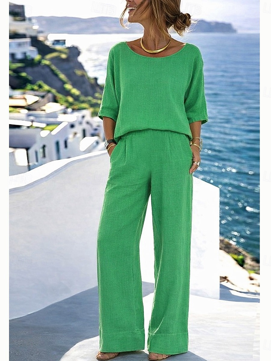Women's Cotton Linen Sets Pants Sets Bolero Top Half Sleeve Crew Neck Solid Color Fashion Streetwear Casual Daily Outdoor Blue Black White Summer Regular Fit 2026 - $37.99 –P11