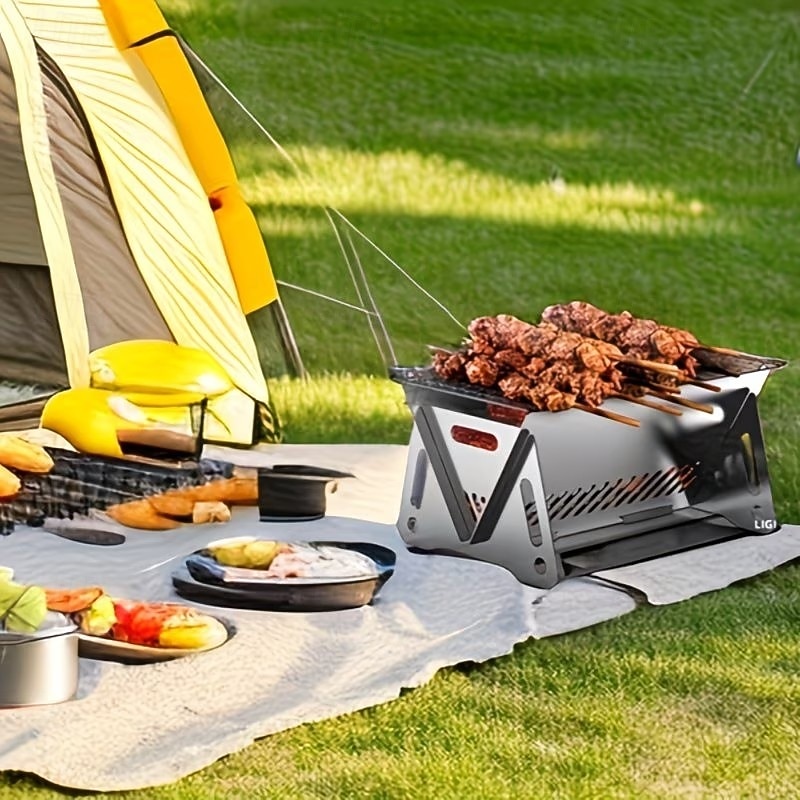 Conjunto de churrasqueira dobrável para uso externo com 2 peças, incluindo fogão a cartucho de aço inoxidável e fogão a carvão portátil, perfeito para camping, trilhas, festas no jardim, piqueniques, de 2026 por $14.99 –P5