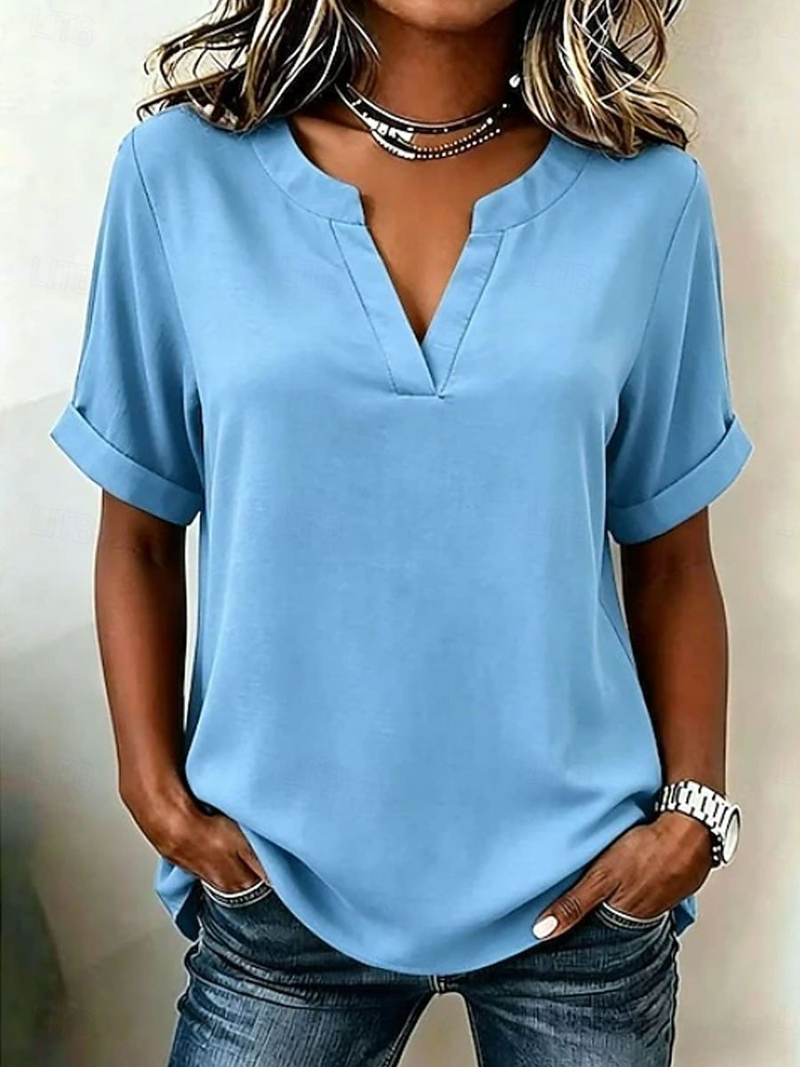 Mujer Blusa Color sólido Vintage Elegante Básico Manga Corta Escote en Pico Tops regulares Casual Diario Blanco Rosa Rojo Morado Verano Primavera 2026 - $26.99 –P1
