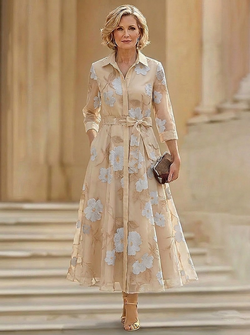 Linea ad A Abito Lunghezza alla caviglia Lunghezza Tè Abito da invitata a nozze Abito da cerimonia per signora Manica 3/4 Colletto a Camicia Elegante Vintage Formale Ospite di nozze Semi-Formale del 2026 a $171.99 –P6
