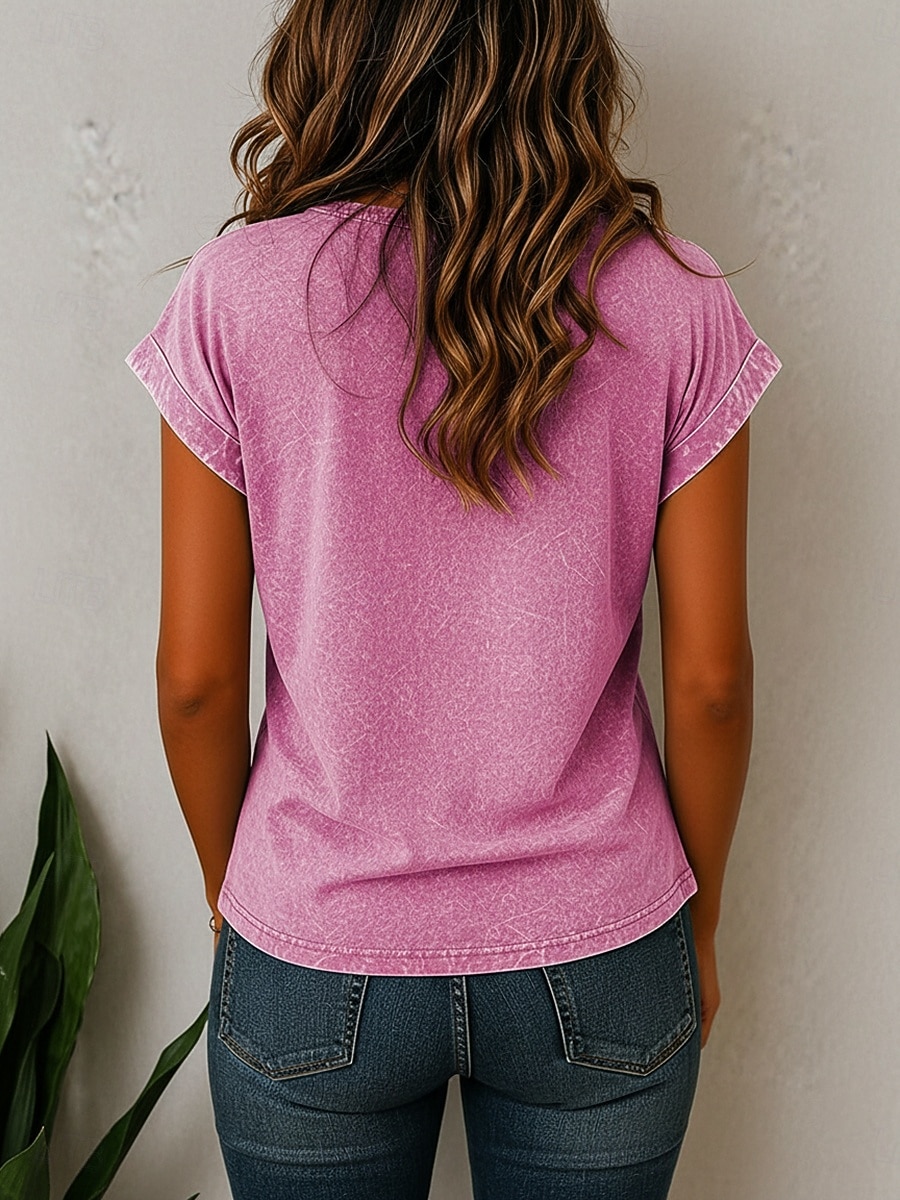 Mujer Algodón lavado 100% Algodón Henley Shirt Bolsillo Color sólido Vintage Elegante Manga Corta Manga Murciélago Tops regulares Casual Verano Azul Piscina Verde Claro Rosa Verano Primavera 2026 - $25.99 –P8