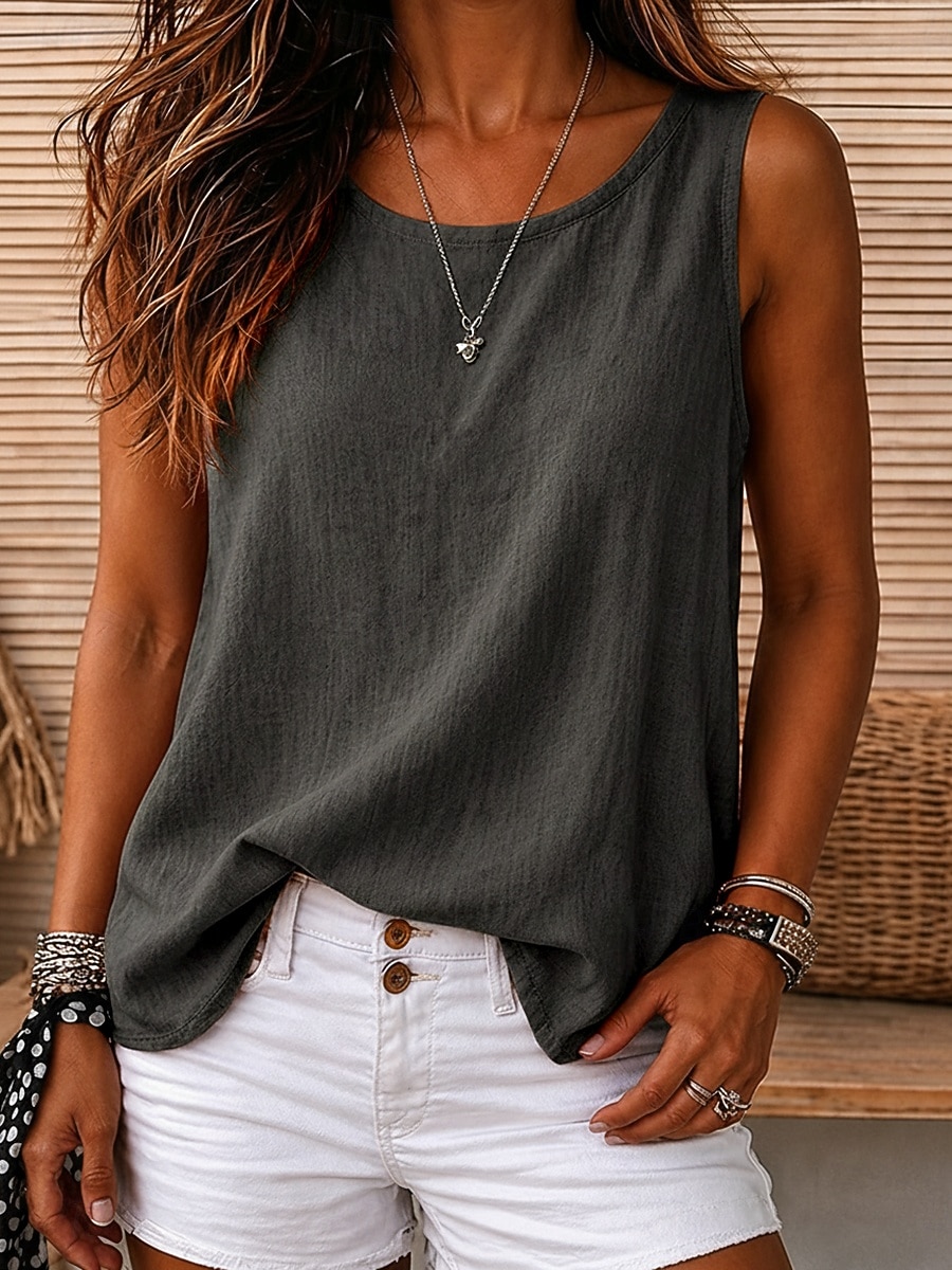 Mujer Camiseta sin mangas Plano Vintage Sin Mangas Escote Redondo Tops regulares Casual Rojo óxido Negro Blanco Amarillo Azul cielo Verano Primavera 2026 - $14.49 –P20