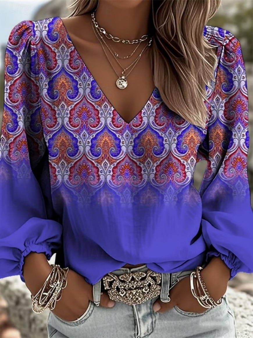 Women's Shirt Graphic Geometric Paisley Bohemia Vacation Vintage Long Sleeve V Neck Long Tops Casual Daily Holiday Blue Purple Orange Green Summer Spring Fall Winter 2026 - $32.99 –P2