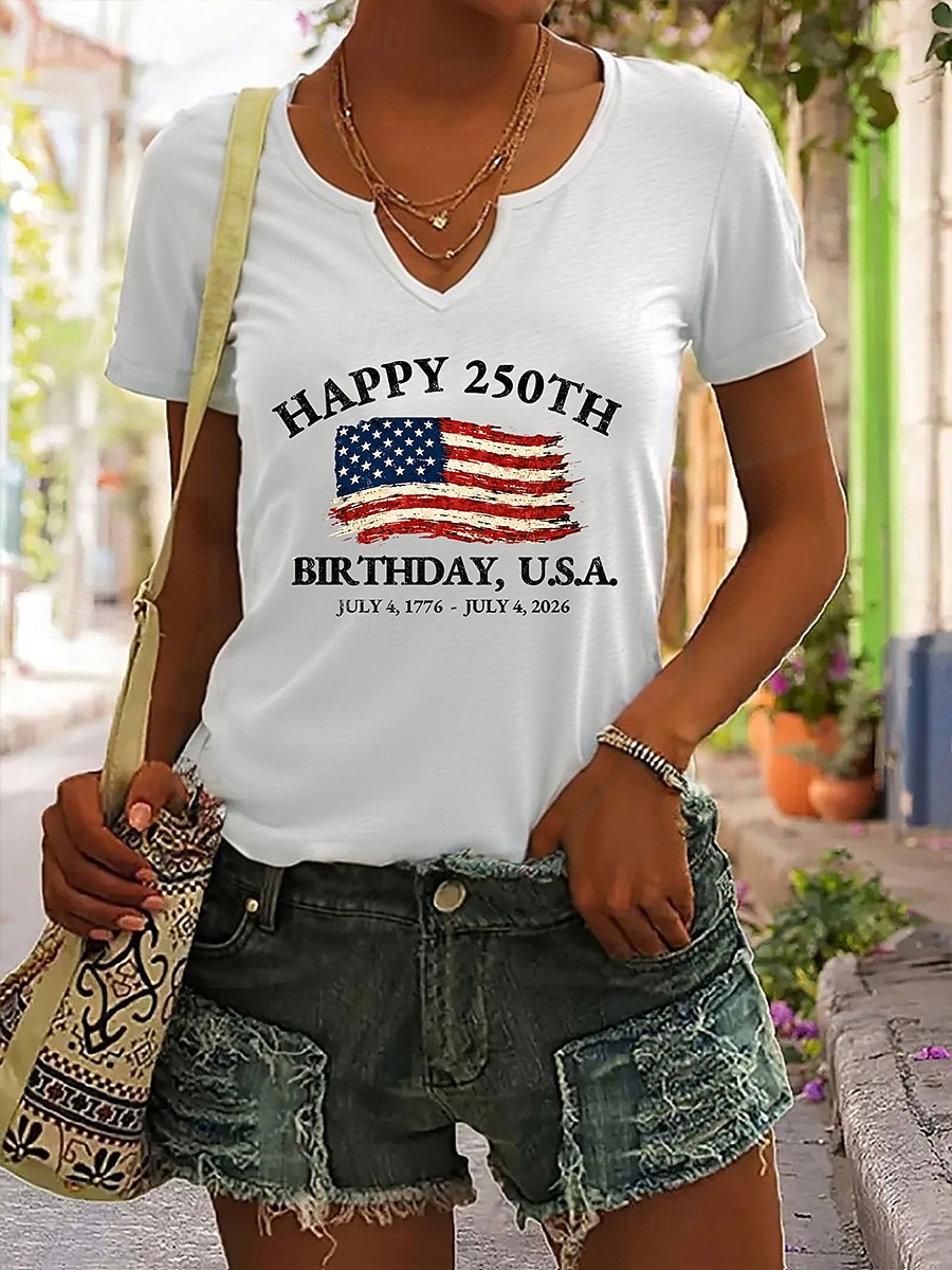 2026年 アメリカ独立記念日 女性用 Tシャツ プリント グラフィック アメリカの国旗 ヴィンテージ スタイリッシュ クラシック 半袖 ノッチネック レギュラートップス 日常 週末 ホワイト ルビーレッド インクブルー グリーン 夏 春  コレクション – $21.99 –P2