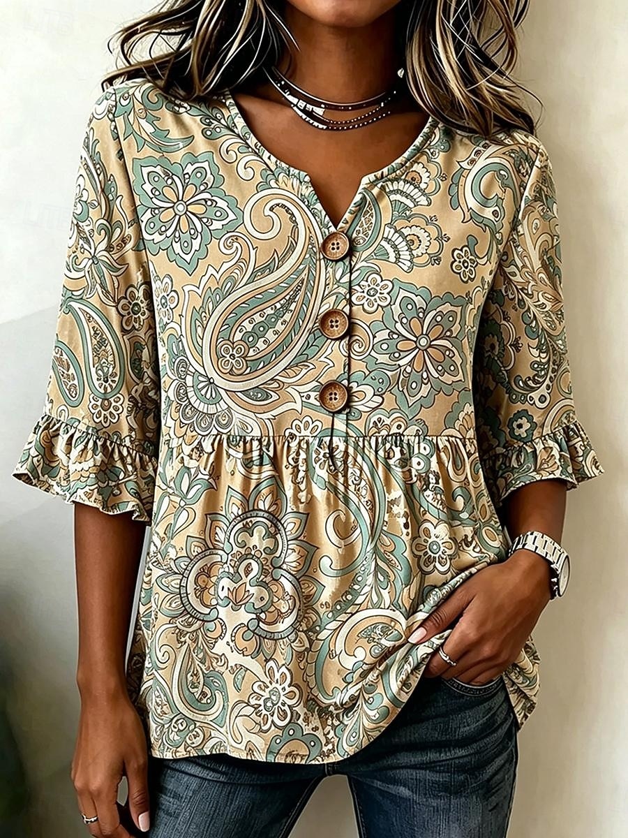 Women's Blouse Buttons Print Floral Graphic Paisley Vintage Stylish Modern Half Sleeve V Neck Regular Tops Casual Daily White Yellow Green Summer Spring 2026 - $34.99 –P1