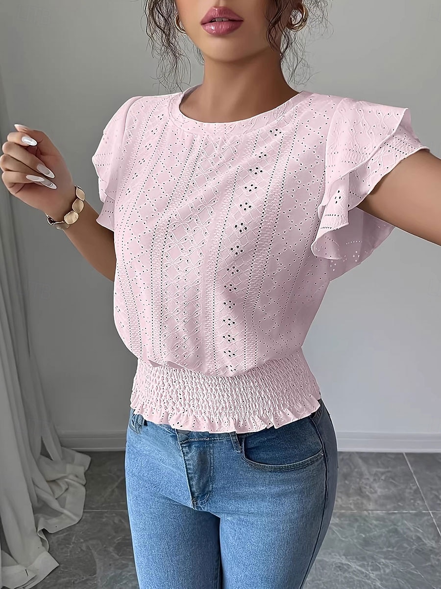 Per donna Camicia traforata Top traforato Camicia con volant Traforato Tinta unica Vintage Elegante Senza Maniche Top Regolari Casuale Bianco Rosa Azzurro Estate Primavera del 2026 a $18.49 –P6