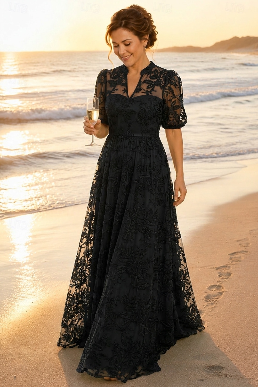 A-Linie Kleid Bodenlang Spitzenkleid Brautmutterkleid Kurzarm V Ausschnitt Hoher Ausschnitt Elegant Vintage luxuriös Formell Hochzeitsgast Semi-Formal Spitze mit Stickerei Applikationen 2026 - $194.99 –P4