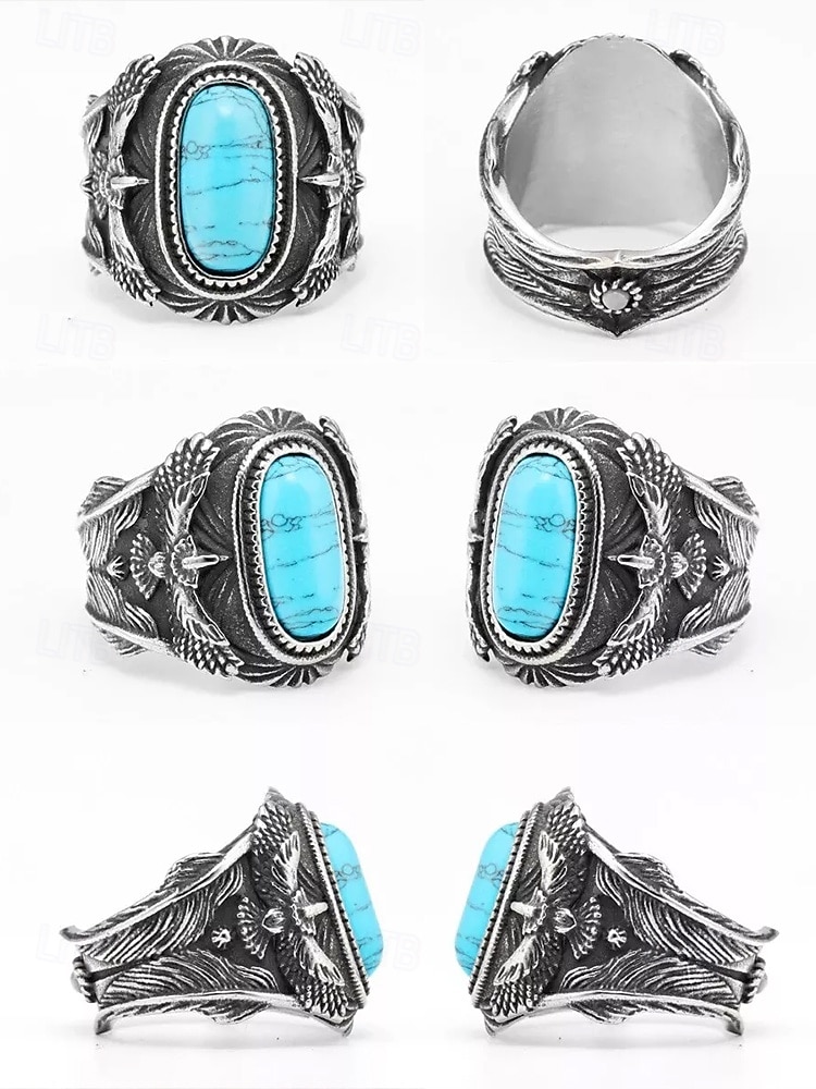 Türkisfarbener Edelstahlring mit Adlermotiv, Vintage-Western-Stil, Herrenring, einzigartiges Statement-Schmuckstück für den Alltag &Outdoor-Bekleidung 2026 - $14.99 –P7