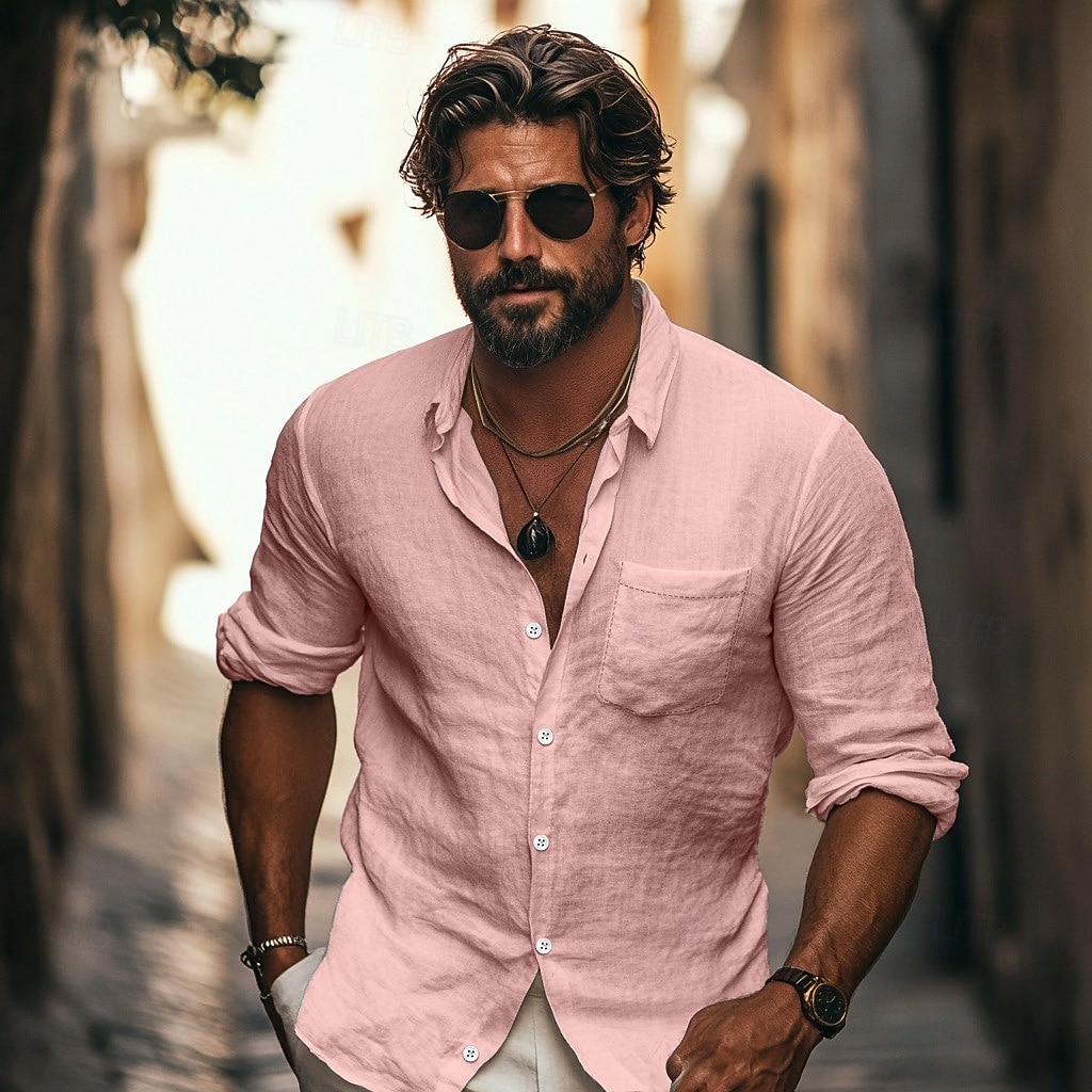 Voor heren Overhemd Linnen overhemd Zomer overhemd Strand hemd Overhemd met knopen Overhemden zonder broek Effen Casual Dagelijks Zwart Wit Lichtgroen Blozend Roze Lange mouw Strijkijzer Zomer Lente 2026 - $11.99 –P13