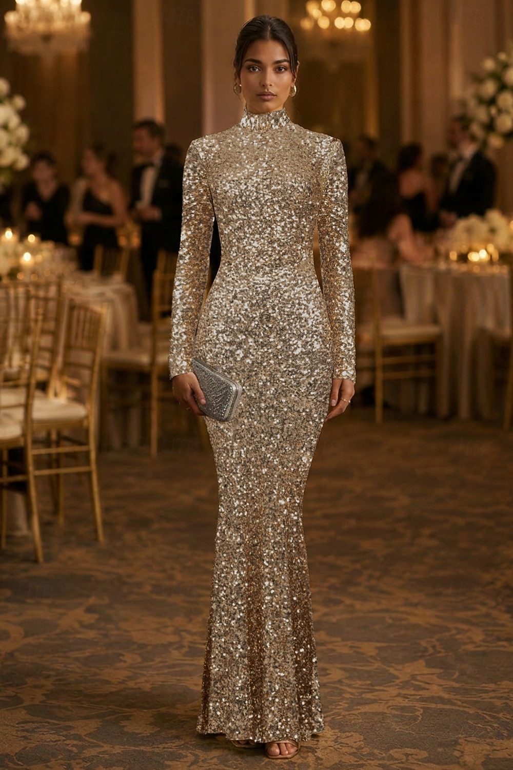 celebrity gold sequin dress Mermaid Trumpet Floor Length Evening Gown Elegant Glittering Style Long Sleeve High Neck Garden Party Wedding Sequined with Glitter 2026 Style-Color-Dim:MD1E209782_AA038_M