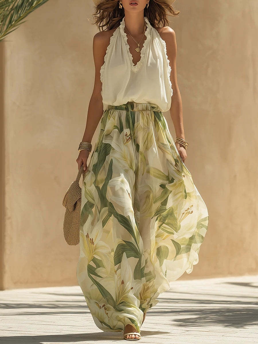 Dame Maxikjole Chiffonkjoler Kjolesett Floral kjole Elegant Mote Moderne Daglig Feriereise Helg Normal Blomstret Ermeløs Grimehals Grønn Sommer Vår 2026 - $41.99 –P1