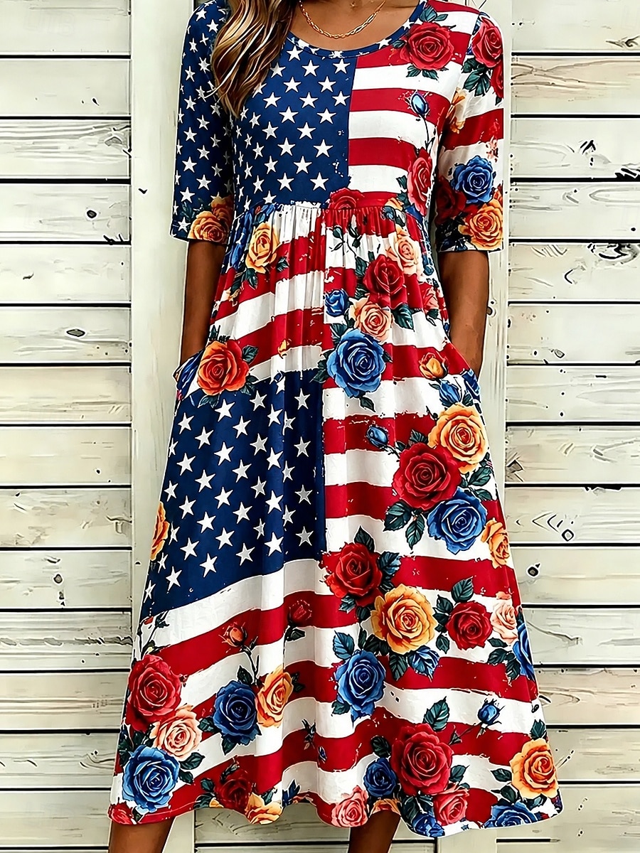 Women's Midi Dress Shift Dress Vacation Casual Holiday Regular Fit Graphic Flag Half Sleeve Crew Neck Blue White Red Summer Spring 2026 - $33.99 –P1