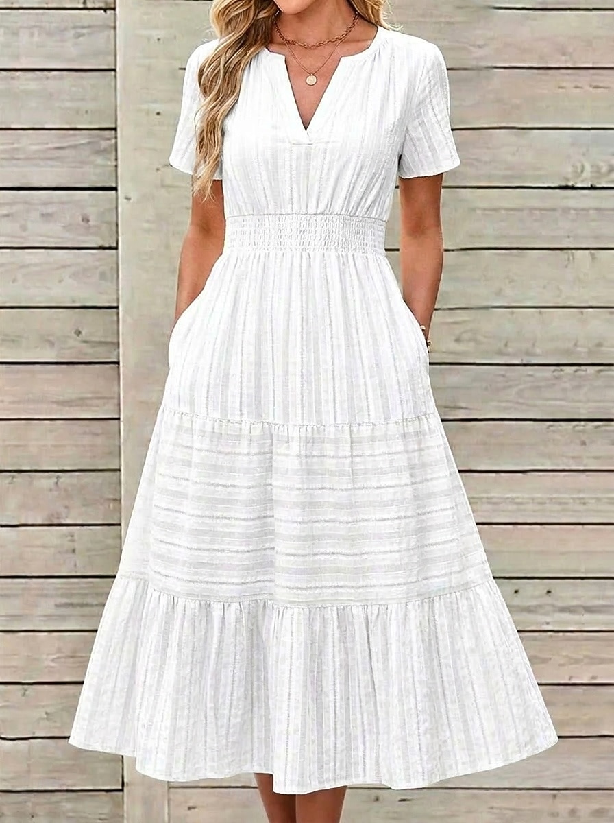 Dam Midiklänning Vardagsklänning A linjeklänning Sommarklänning Grundläggande Klassisk Dagligen Semester Normal Slät Kortärmad V-hals Svart Vit Gul Rodnande Rosa Sommar Vår 2026 - $33.99 –P1