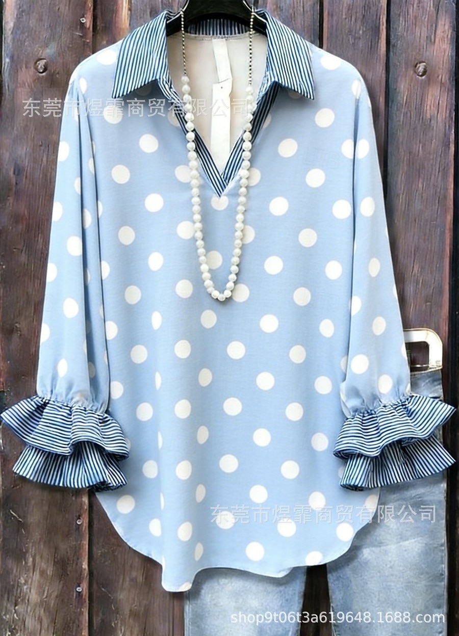 Damen Hemd Freizeithemd Rüsche Grafik Tupfen Farbblock Elegant Bohemien Aktiv Langarm Rüschenärmel V Ausschnitt Lange Oberteile Lässig Blau Rosa Orange Aprikose Sommer Frühling Herbst Winter 2026 - $36.99 –P4