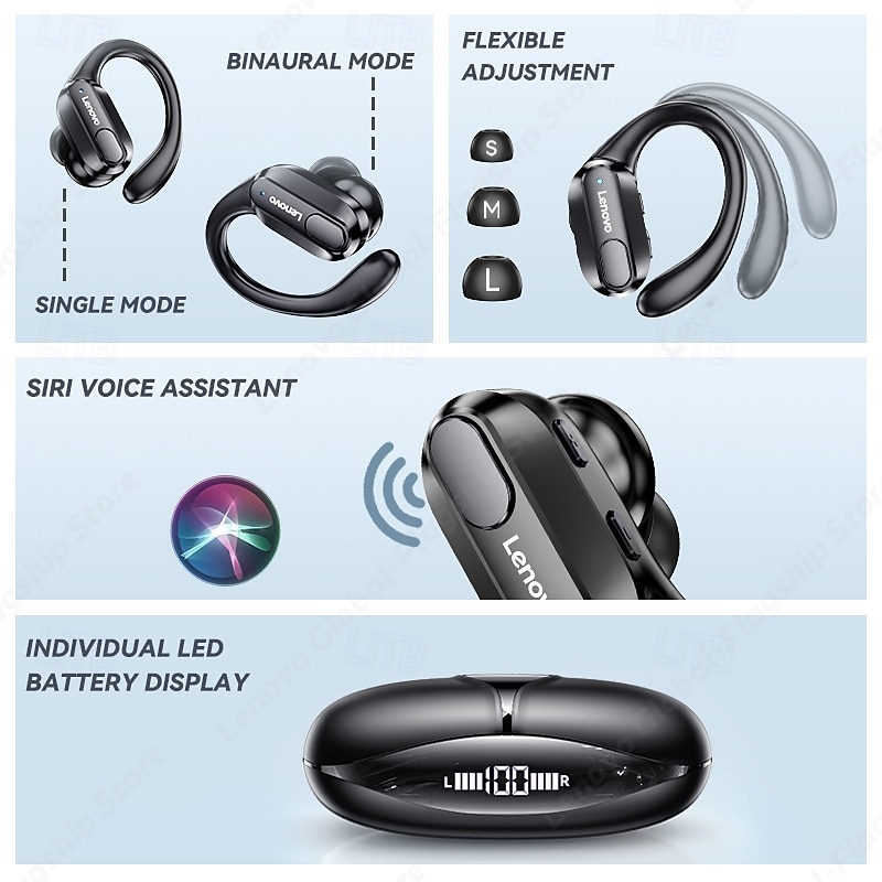 2026年 Lenovo ThinkPlus ワイヤレススポーツイヤホン、Bluetooth 5.3 ヘッドホン（イヤーフック付き）、LED デジタルバッテリー表示付き TWS イヤホン、内蔵マイク、ジム、ランニング、ワークアウト用の防汗仕様  コレクション – $42.99 –P12