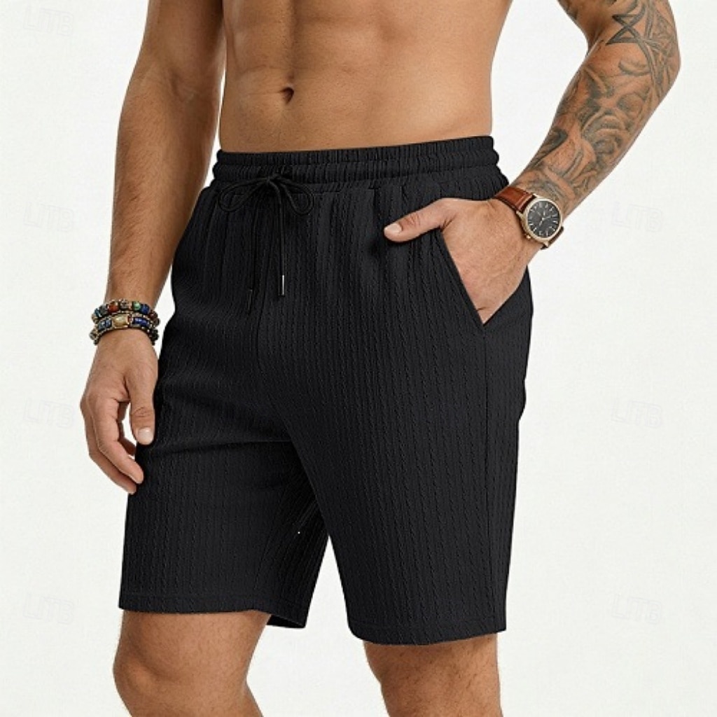 Men's Shorts Summer Shorts Beach Shorts Casual Shorts Jacquard Pocket Elastic Waist Plain Comfort Breathable Knee Length Outdoor Beach Vacation Vacation Fashion Khaki Black Micro-elastic 2026 - $21.99 –P11