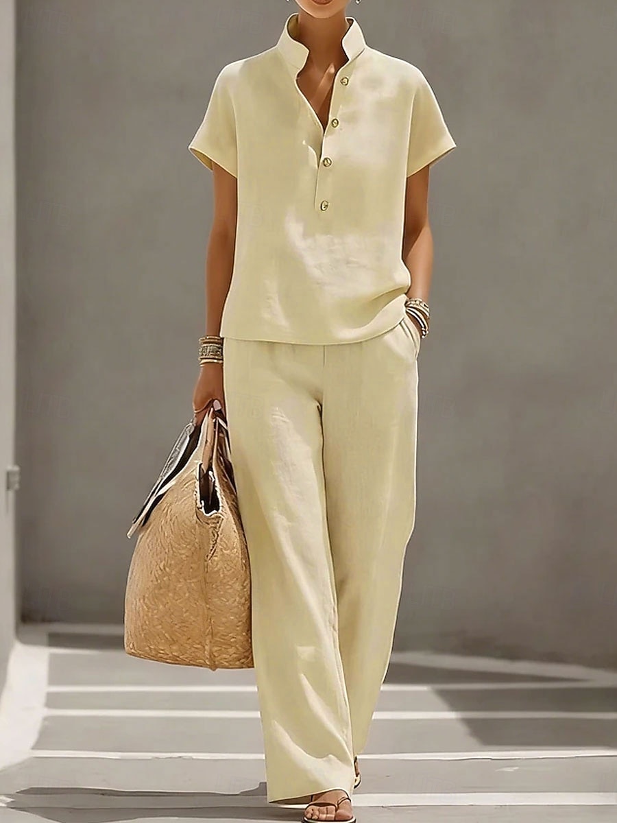 Women's Linen-feel Set Pants Sets Short Sleeve Stand Collar Solid Color Fashion Streetwear Casual Daily Outdoor Blue Yellow Khaki Spring & Summer Loose Fit 2026 - $17.49 –P5