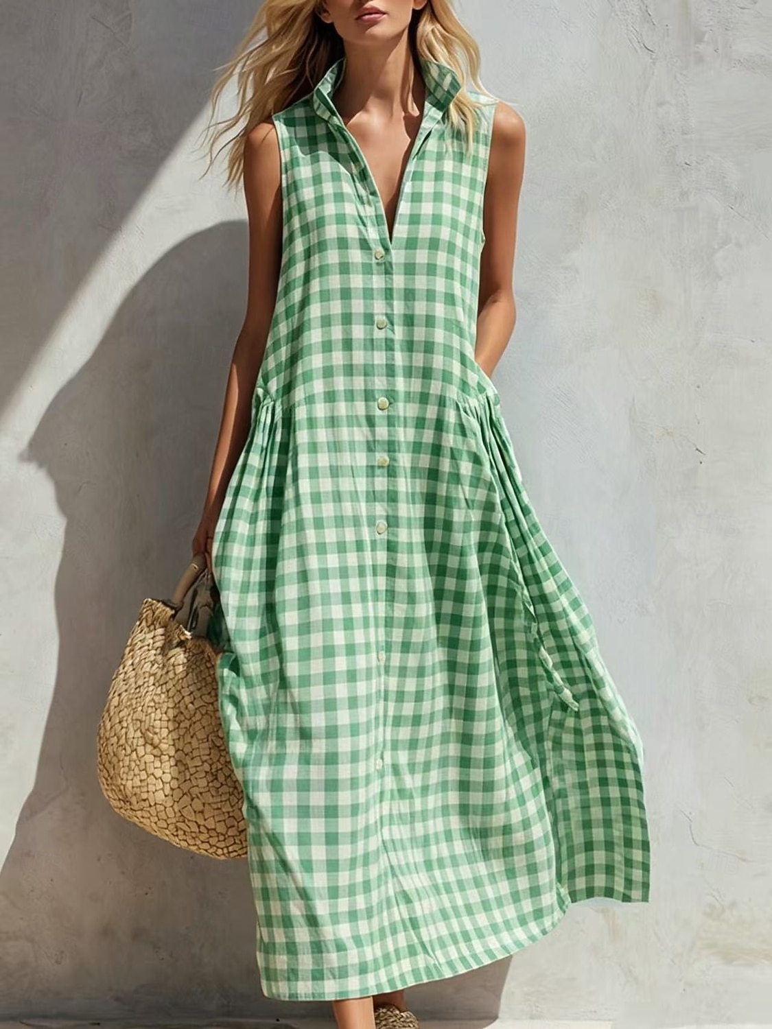 Per donna Abito maxi Abito Boho Vintage Vacanza Vestibilità comoda Plaid Senza Maniche Colletto a Camicia Blu chiaro Giallo Verde chiaro Rosso Estate del 2026 a $26.99 –P5