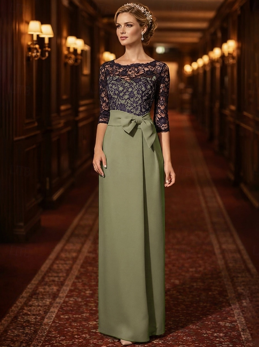 Sheath Column Floor Length Wedding Guest Dress Formal Dresses Evening Gown Mother of the Bride Dress 3/4 Length Sleeve Jewel Neck Elegant Wedding Guest Satin Lace with Bow(s) 2026 - $206.99 –P7