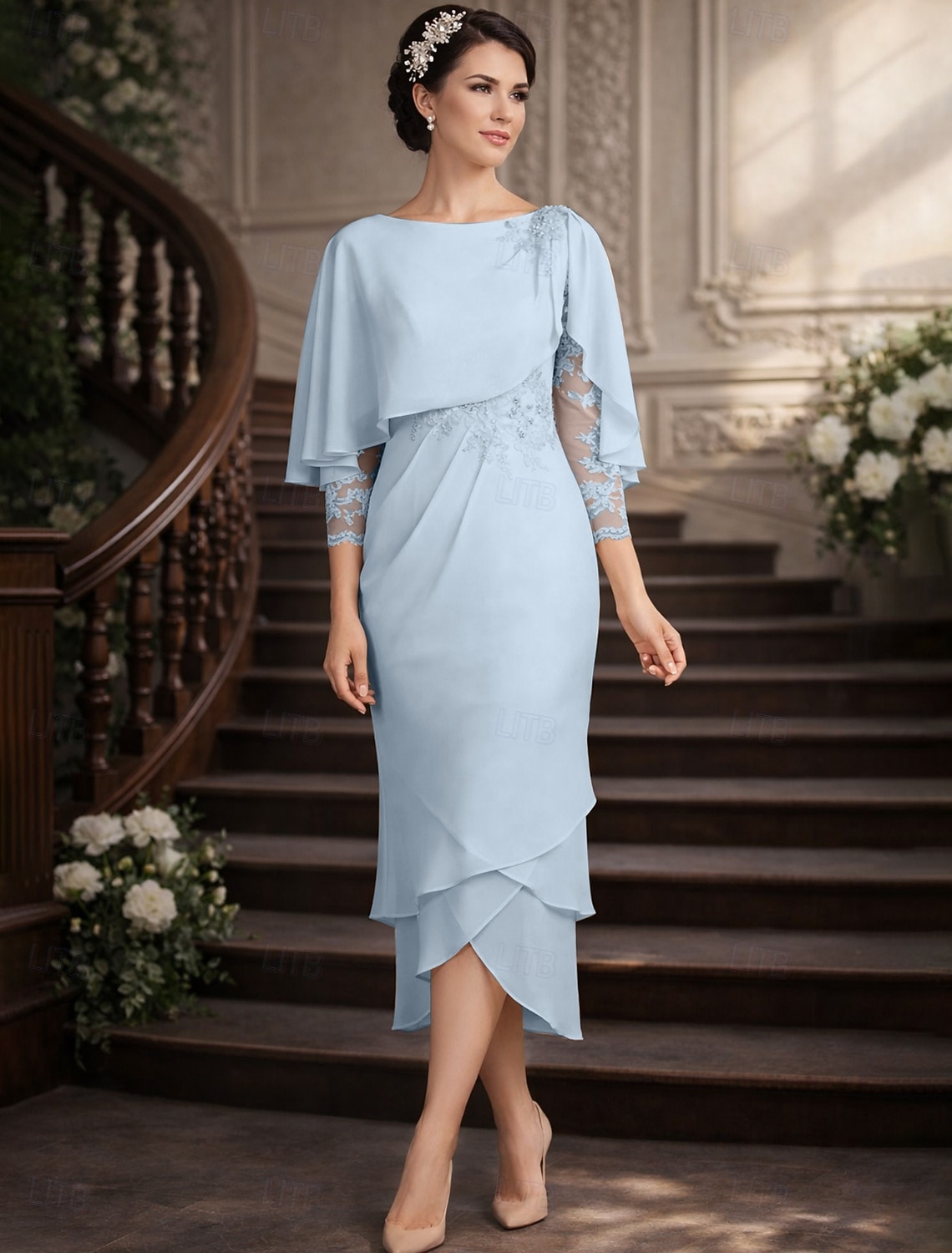 dress designer joseph ribkoff Printed Wrap Dress- Grey/Multi 10.5 model wearing a CS 9/22/25 Black Tie Optional Wedding Size:Make To Measure