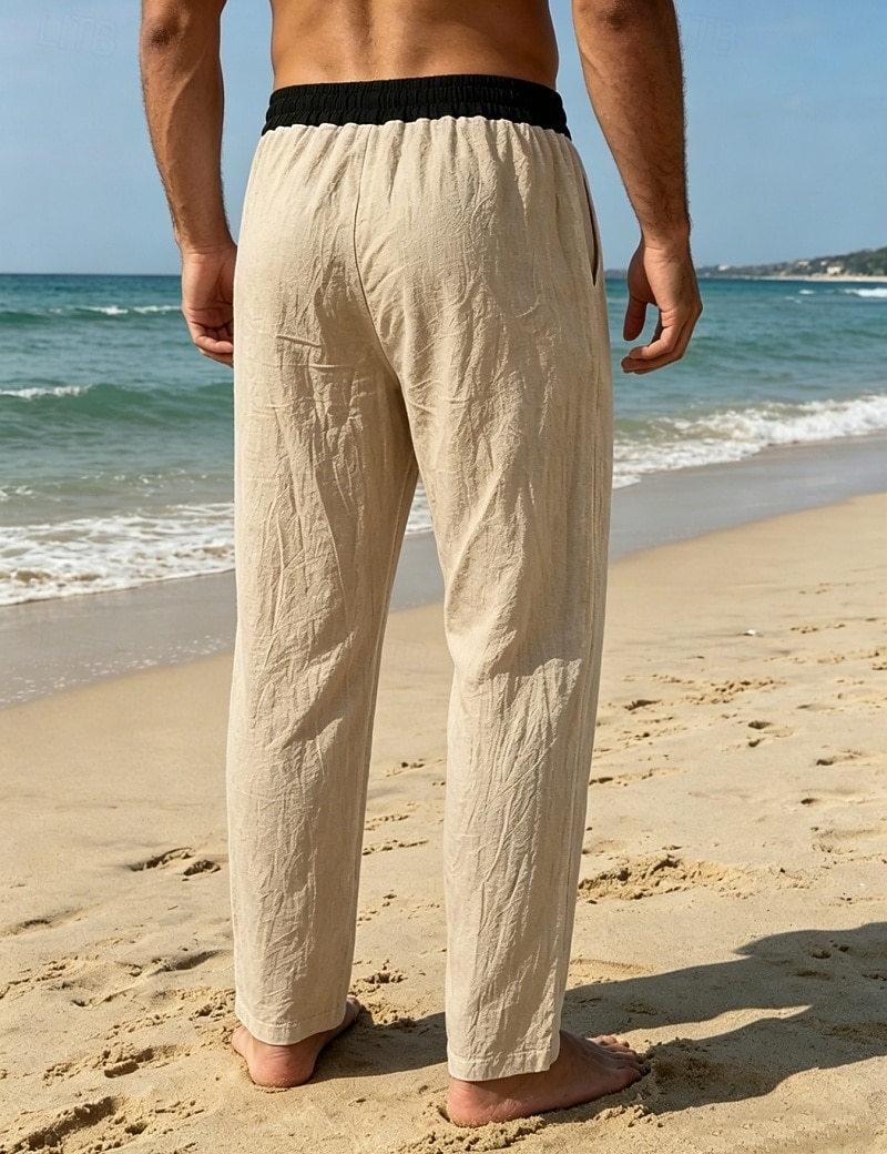 Men's Linen Pants Trousers Summer Pants Beach Pants Drawstring Pocket Elastic Waist Color Block Comfort Breathable Knee Length Daily Outdoor Beach Vacation Fashion Black White Inelastic 2026 - $26.99 –P3