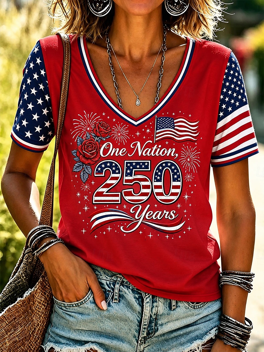 American Independence Day Women's T Shirt Print Graphic Letter American Flag Vintage Stylish Classic Short Sleeve V Neck Regular Tops Casual Daily Red Summer Spring 2026 - $21.99 –P1