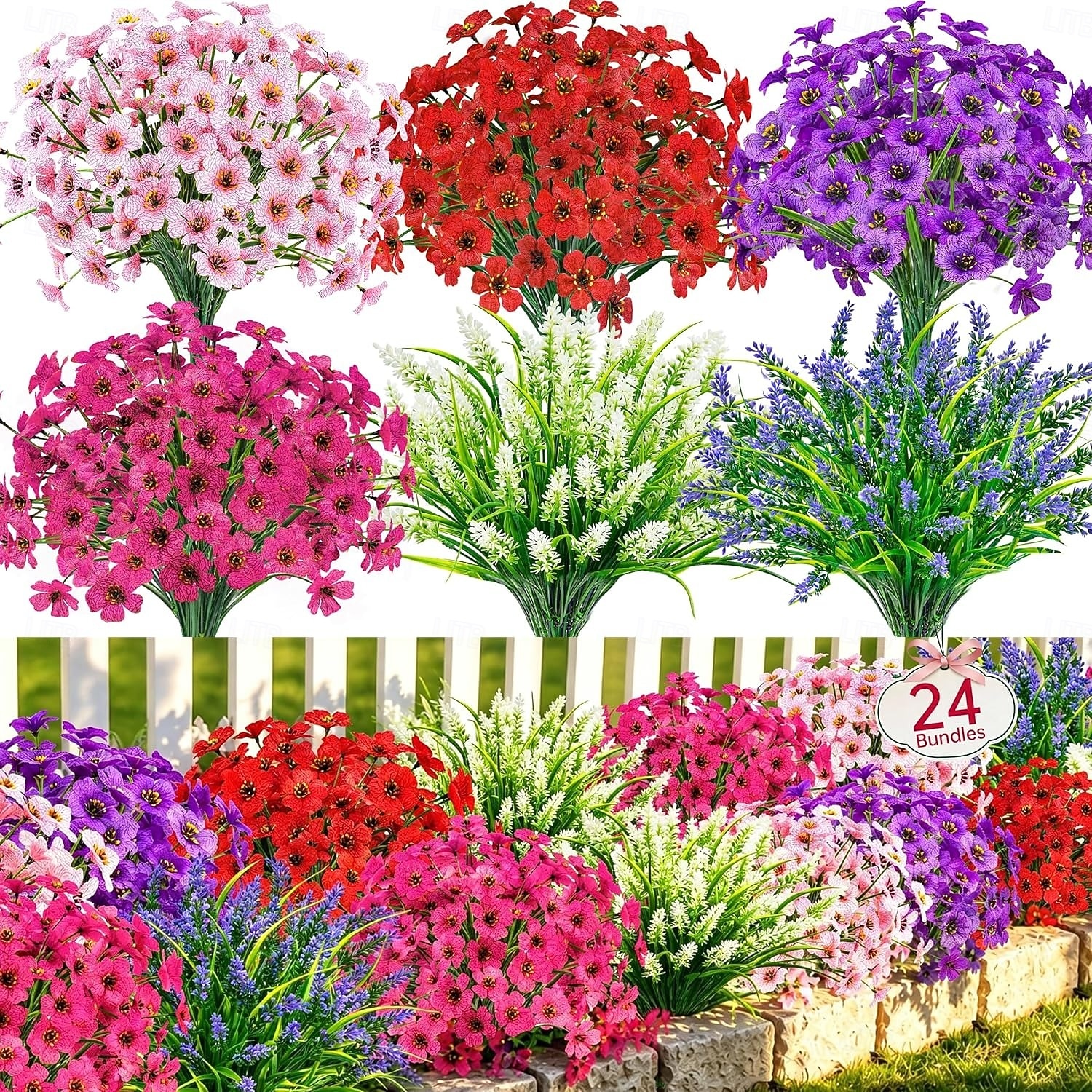 24 bouquets de fleurs artificielles d'extérieur, fausses fleurs printanières, plantes résistantes aux UV pour la décoration de la maison, du jardin, du porche, des fenêtres et des mariages. de 2026 ? $31.99 –P5